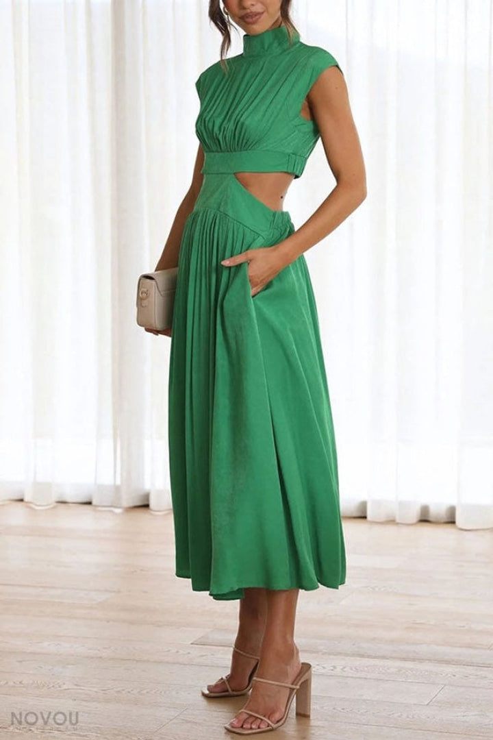 Women's Cutout Fall Midi Dress Mock Neck Cap Sleeve Flowy Skirt
