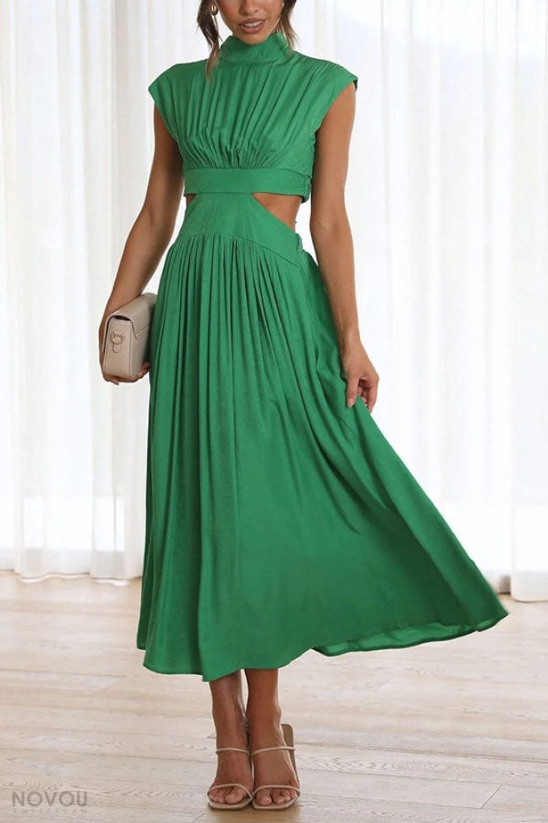 Women's Cutout Fall Midi Dress Mock Neck Cap Sleeve Flowy Skirt