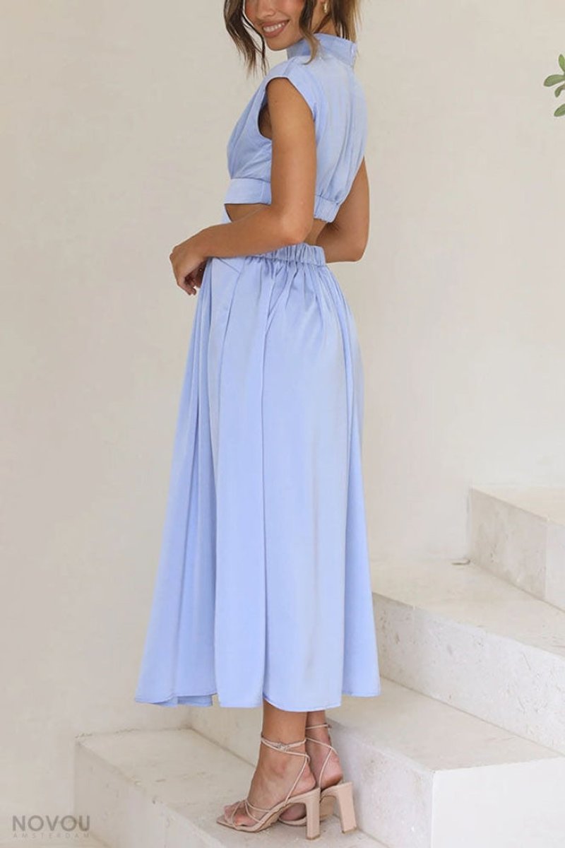 Women's Cutout Fall Midi Dress Mock Neck Cap Sleeve Flowy Skirt