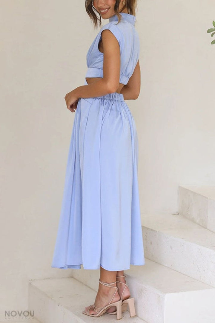 Women's Cutout Fall Midi Dress Mock Neck Cap Sleeve Flowy Skirt