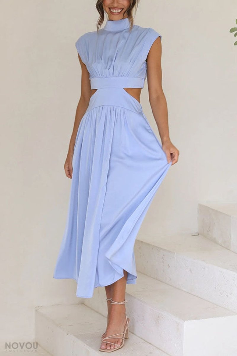 Women's Cutout Fall Midi Dress Mock Neck Cap Sleeve Flowy Skirt