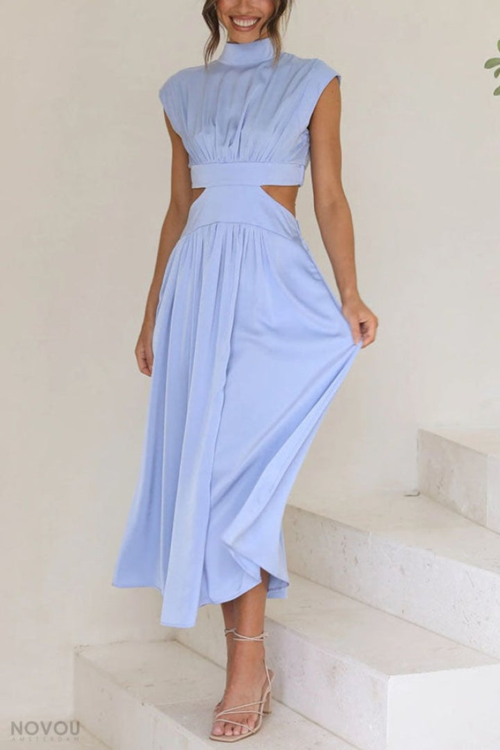 Women's Cutout Fall Midi Dress Mock Neck Cap Sleeve Flowy Skirt