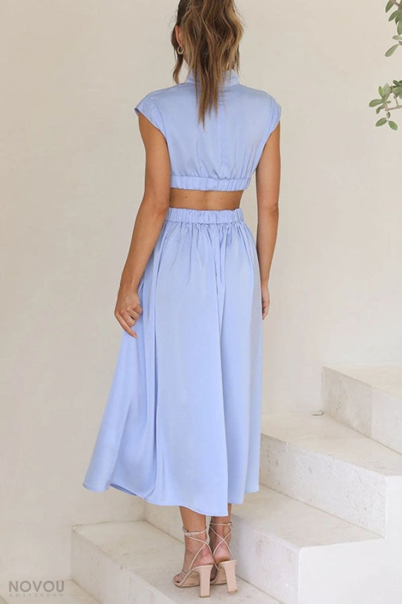 Women's Cutout Fall Midi Dress Mock Neck Cap Sleeve Flowy Skirt