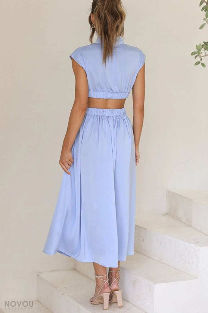 Women's Cutout Fall Midi Dress Mock Neck Cap Sleeve Flowy Skirt