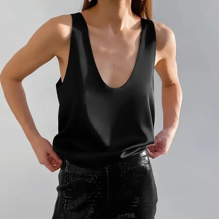 Women's Deep U-Neck Relaxed-Fit Satin Tank Top