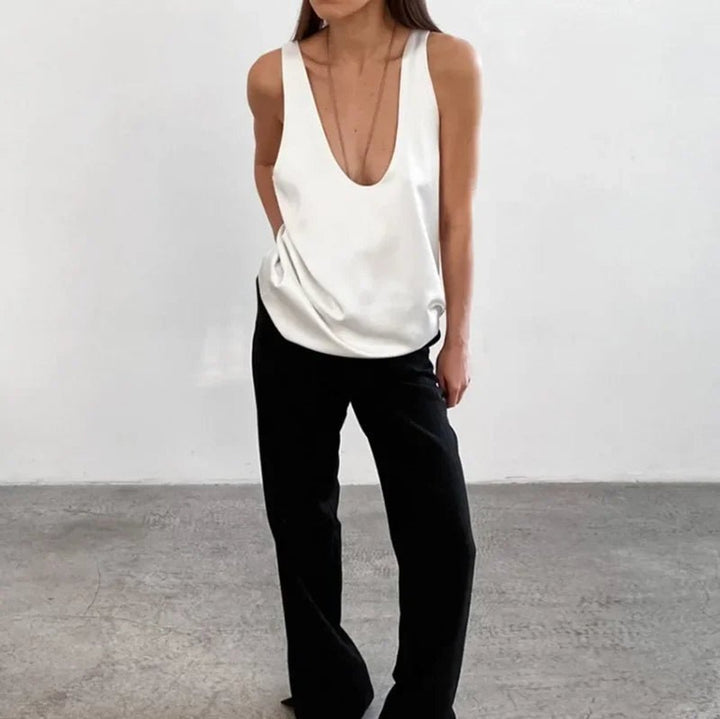 Women's Deep U-Neck Relaxed-Fit Satin Tank Top