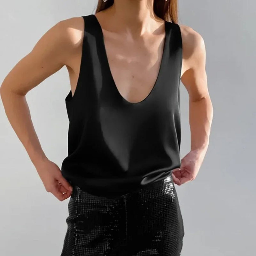 Women's Deep U-Neck Relaxed-Fit Satin Tank Top