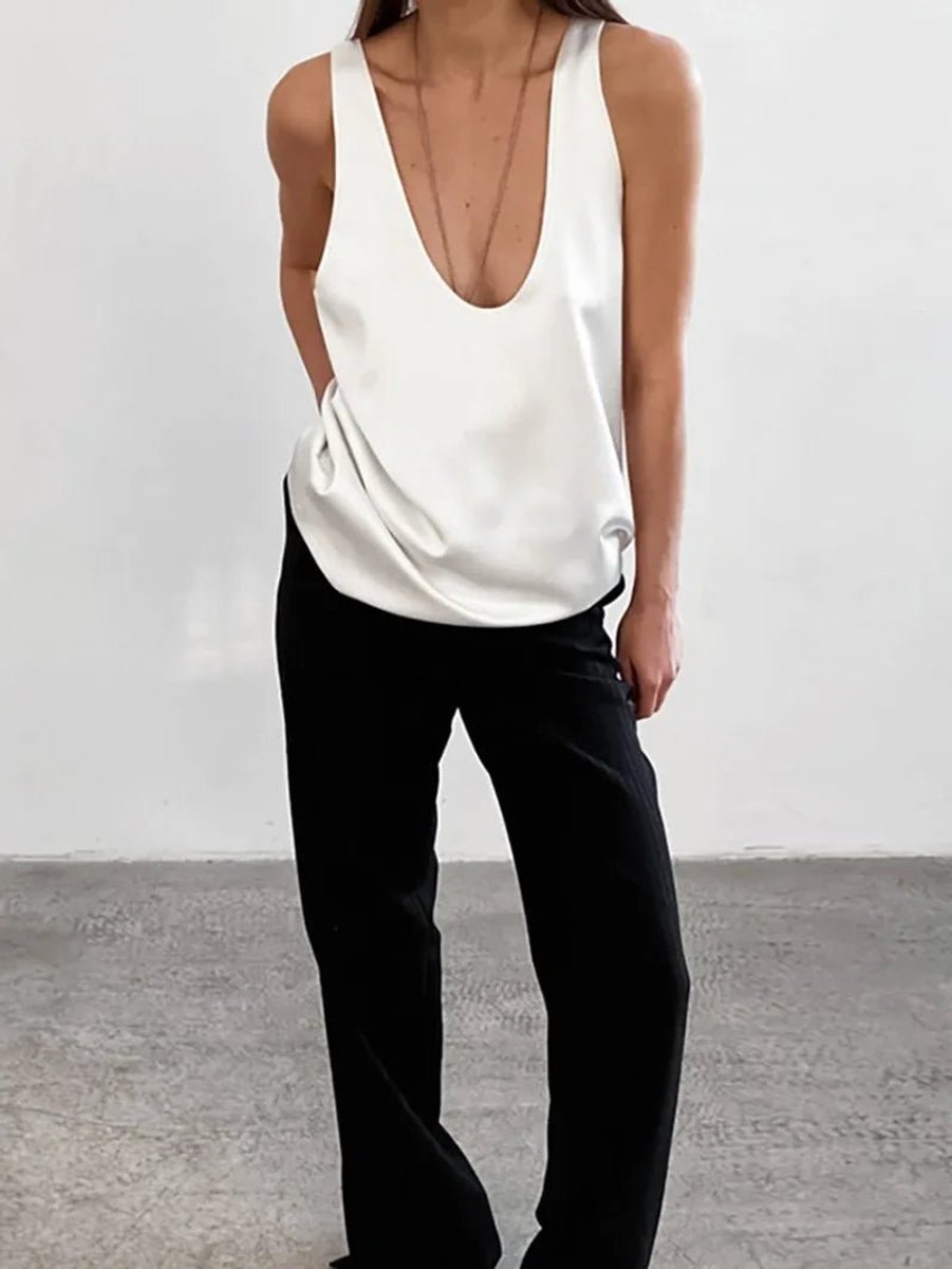 Women's Deep U-Neck Relaxed-Fit Satin Tank Top