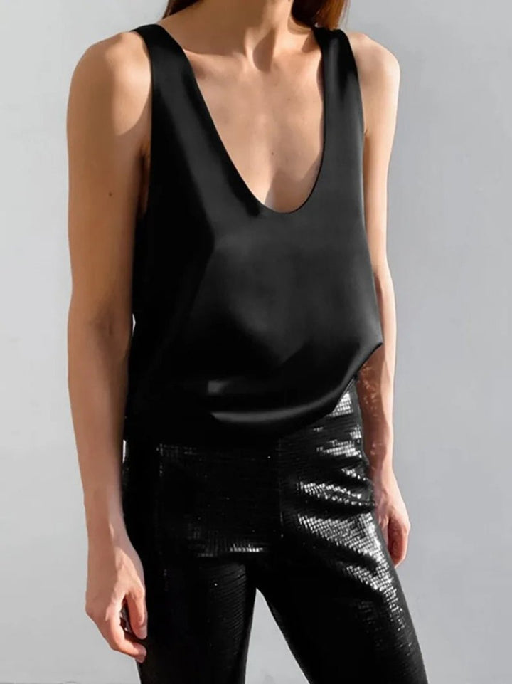Women's Deep U-Neck Relaxed-Fit Satin Tank Top