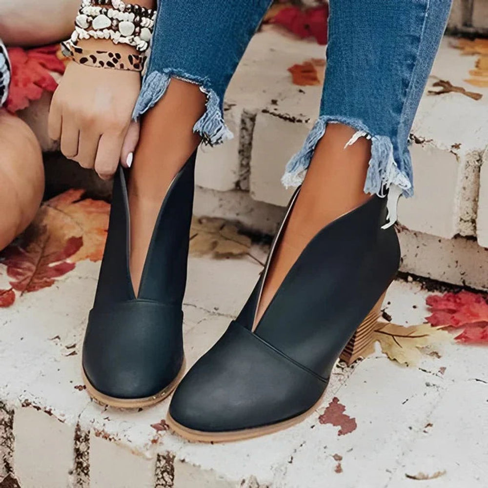 Women's Deep V-Cut Block-Heel Ankle Boots