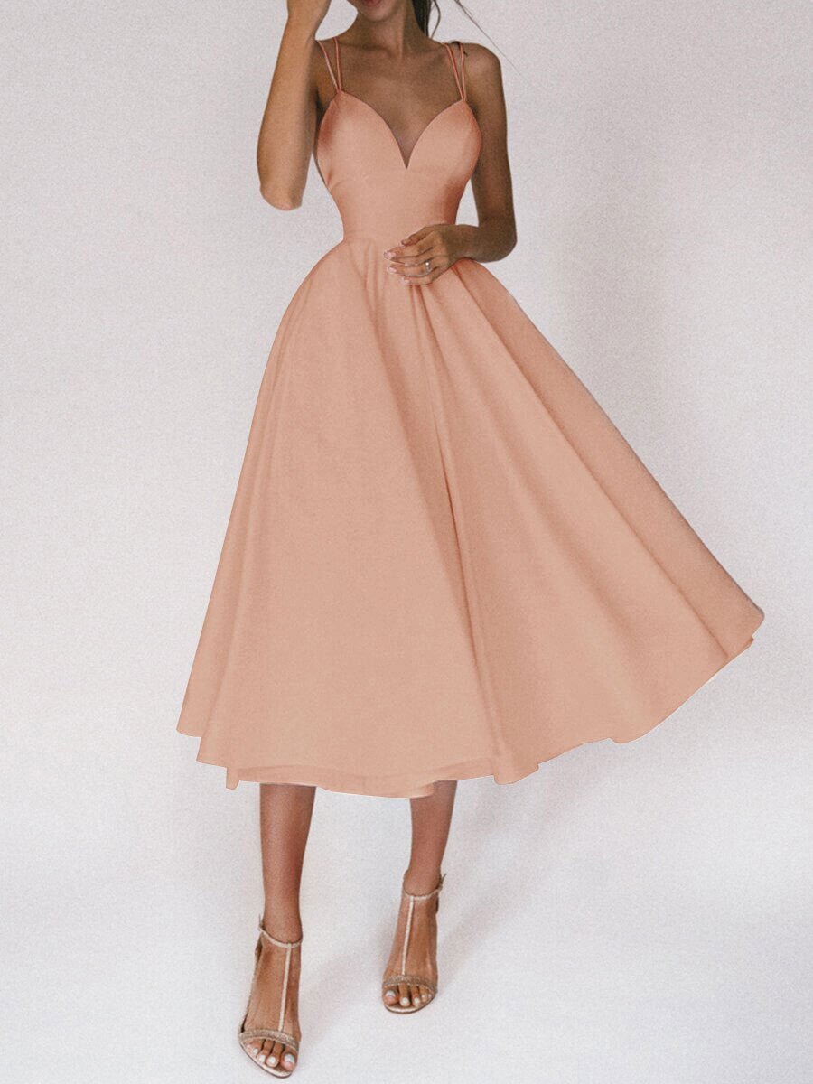 Women's Deep V-Neck A-Line Fall Midi Dress Spaghetti Strap