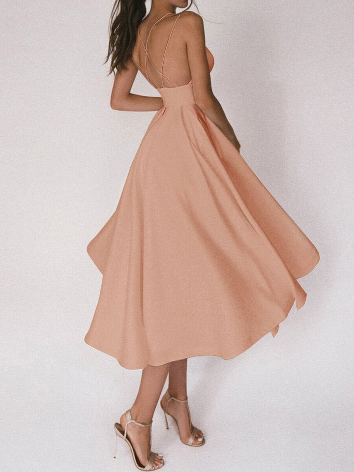 Women's Deep V-Neck A-Line Fall Midi Dress Spaghetti Strap