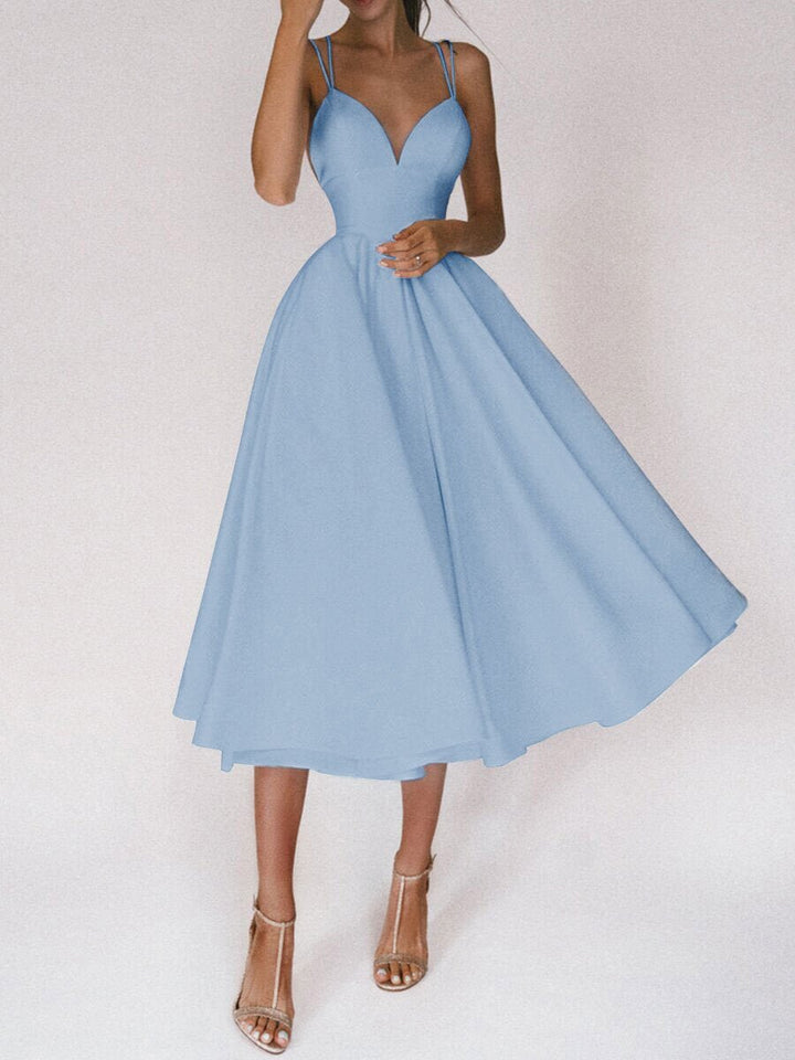 Women's Deep V-Neck A-Line Fall Midi Dress Spaghetti Strap