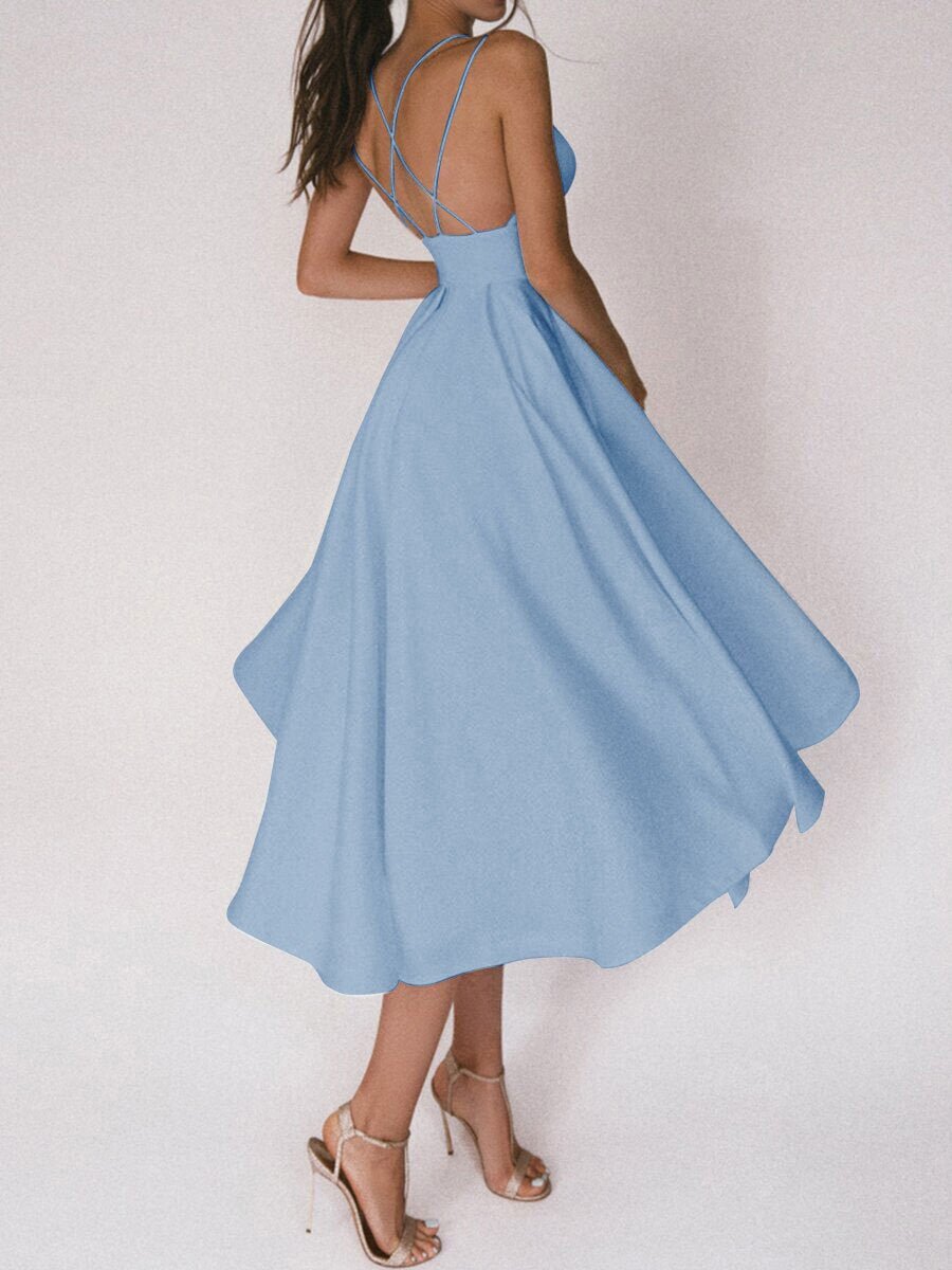Women's Deep V-Neck A-Line Fall Midi Dress Spaghetti Strap