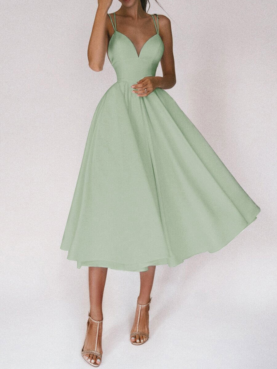 Women's Deep V-Neck A-Line Fall Midi Dress Spaghetti Strap