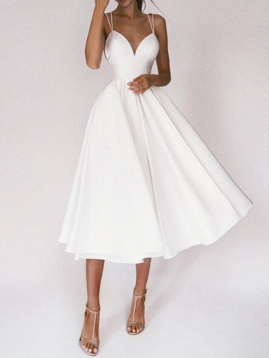 Women's Deep V-Neck A-Line Fall Midi Dress Spaghetti Strap