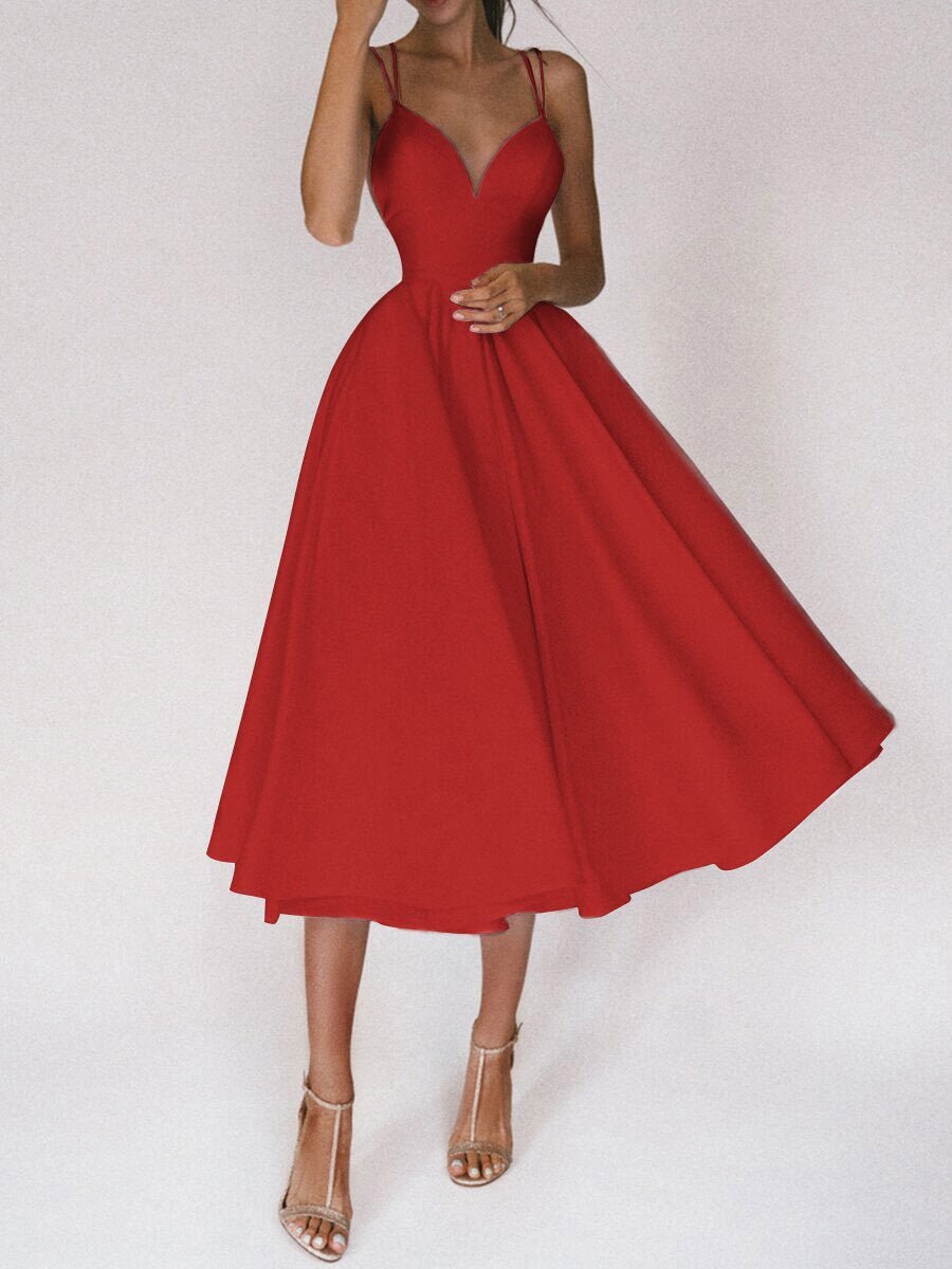 Women's Deep V-Neck A-Line Fall Midi Dress Spaghetti Strap