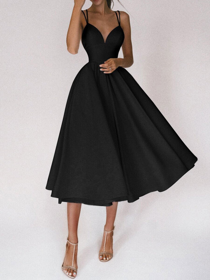 Women's Deep V-Neck A-Line Fall Midi Dress Spaghetti Strap