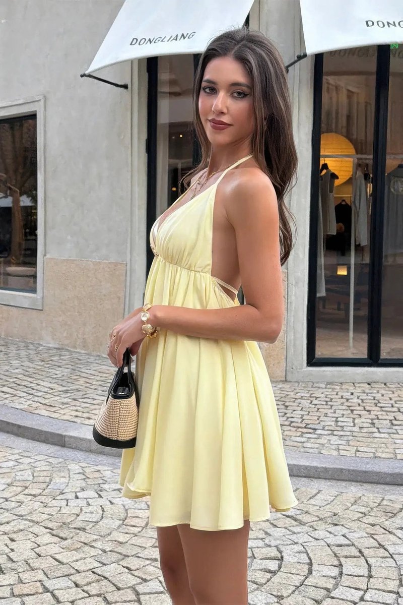 Women's Deep V-Neck A-Line Fall Wedding Guest Dress Metal Buckle Mini