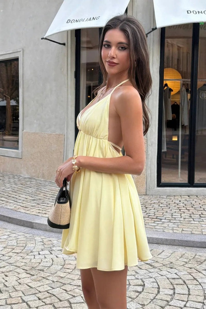 Women's Deep V-Neck A-Line Fall Wedding Guest Dress Metal Buckle Mini