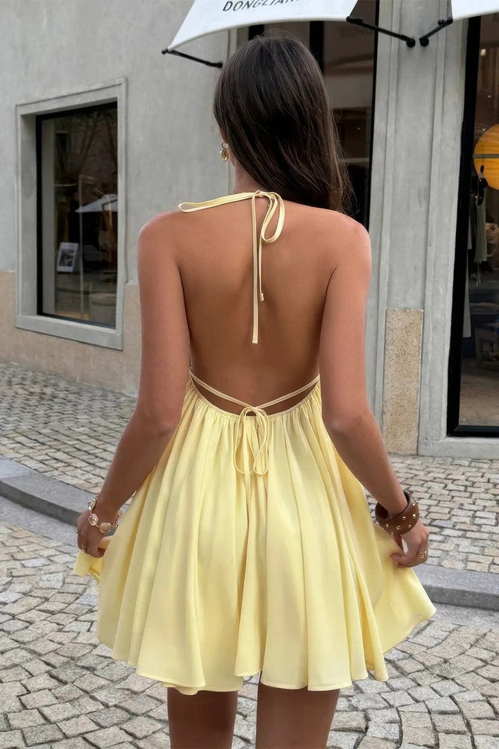 Women's Deep V-Neck A-Line Fall Wedding Guest Dress Metal Buckle Mini