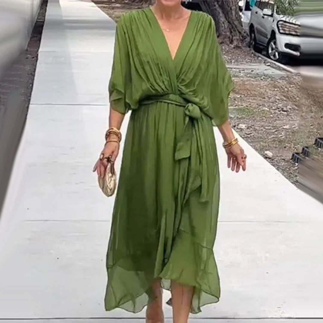 Women's Deep V-Neck Belted Midi Formal Dress Plus Size Chiffon