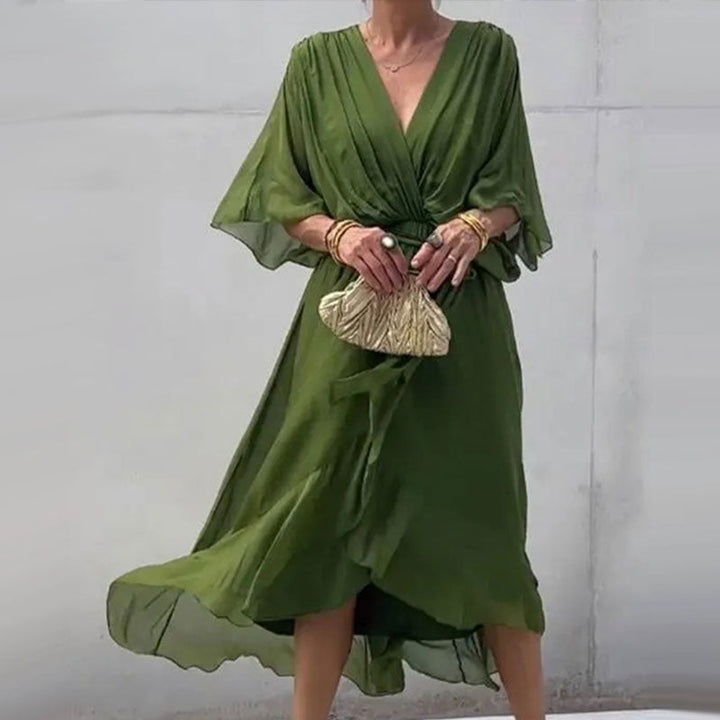Women's Deep V-Neck Belted Midi Formal Dress Plus Size Chiffon