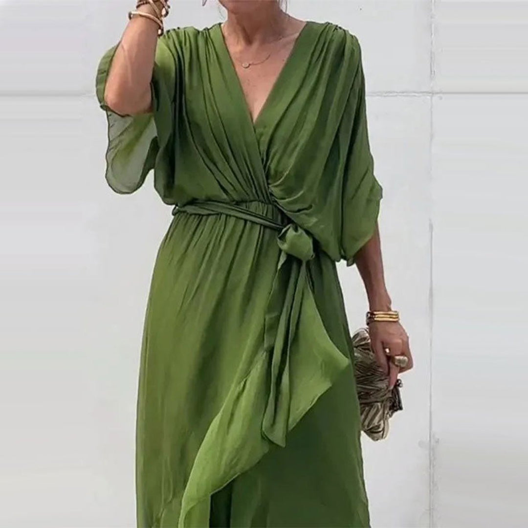 Women's Deep V-Neck Belted Midi Formal Dress Plus Size Chiffon