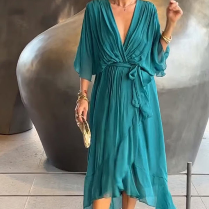 Women's Deep V-Neck Belted Midi Formal Dress Plus Size Chiffon