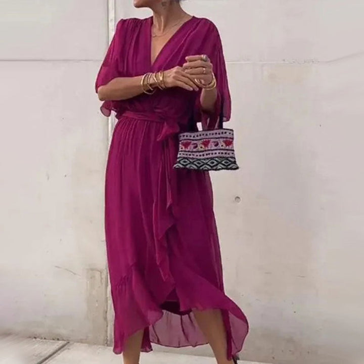 Women's Deep V-Neck Belted Midi Formal Dress Plus Size Chiffon