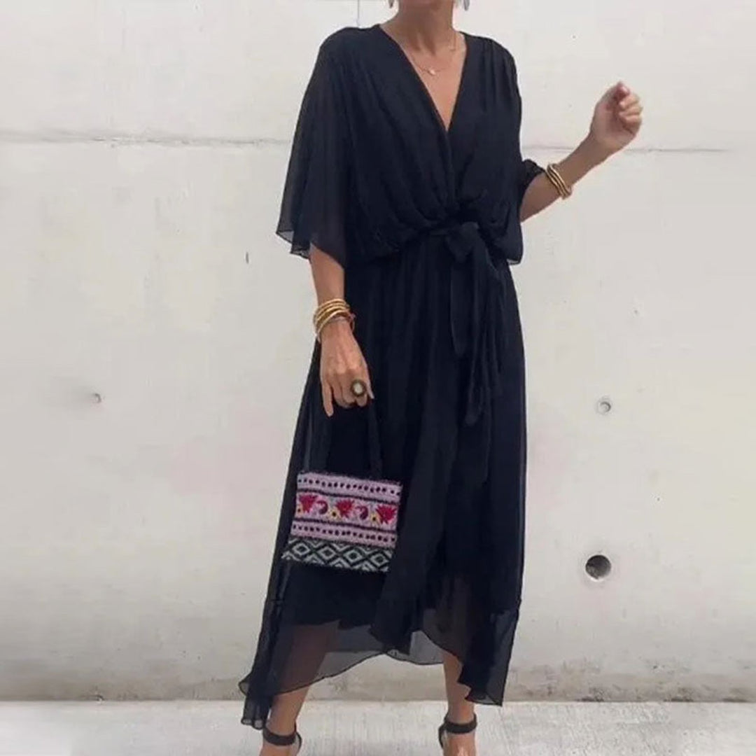 Women's Deep V-Neck Belted Midi Formal Dress Plus Size Chiffon
