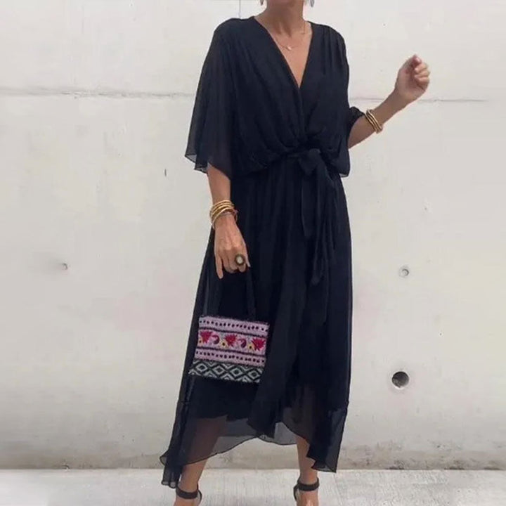 Women's Deep V-Neck Belted Midi Formal Dress Plus Size Chiffon