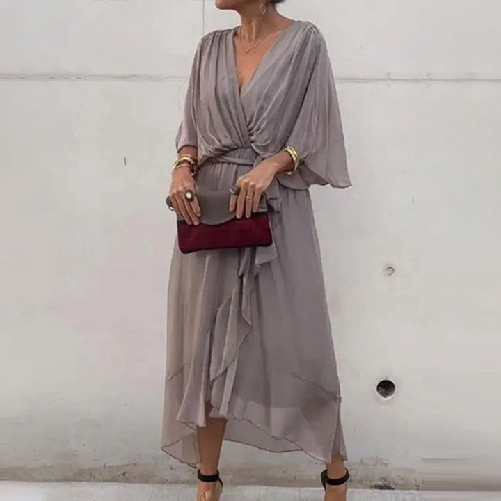 Women's Deep V-Neck Belted Midi Formal Dress Plus Size Chiffon