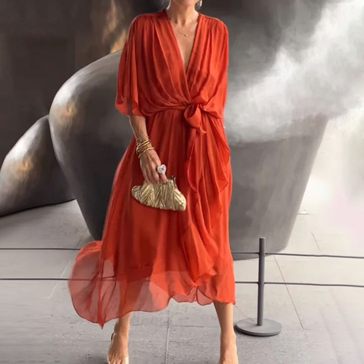 Women's Deep V-Neck Belted Midi Formal Dress Plus Size Chiffon