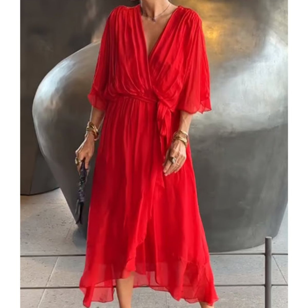 Women's Deep V-Neck Belted Midi Formal Dress Plus Size Chiffon