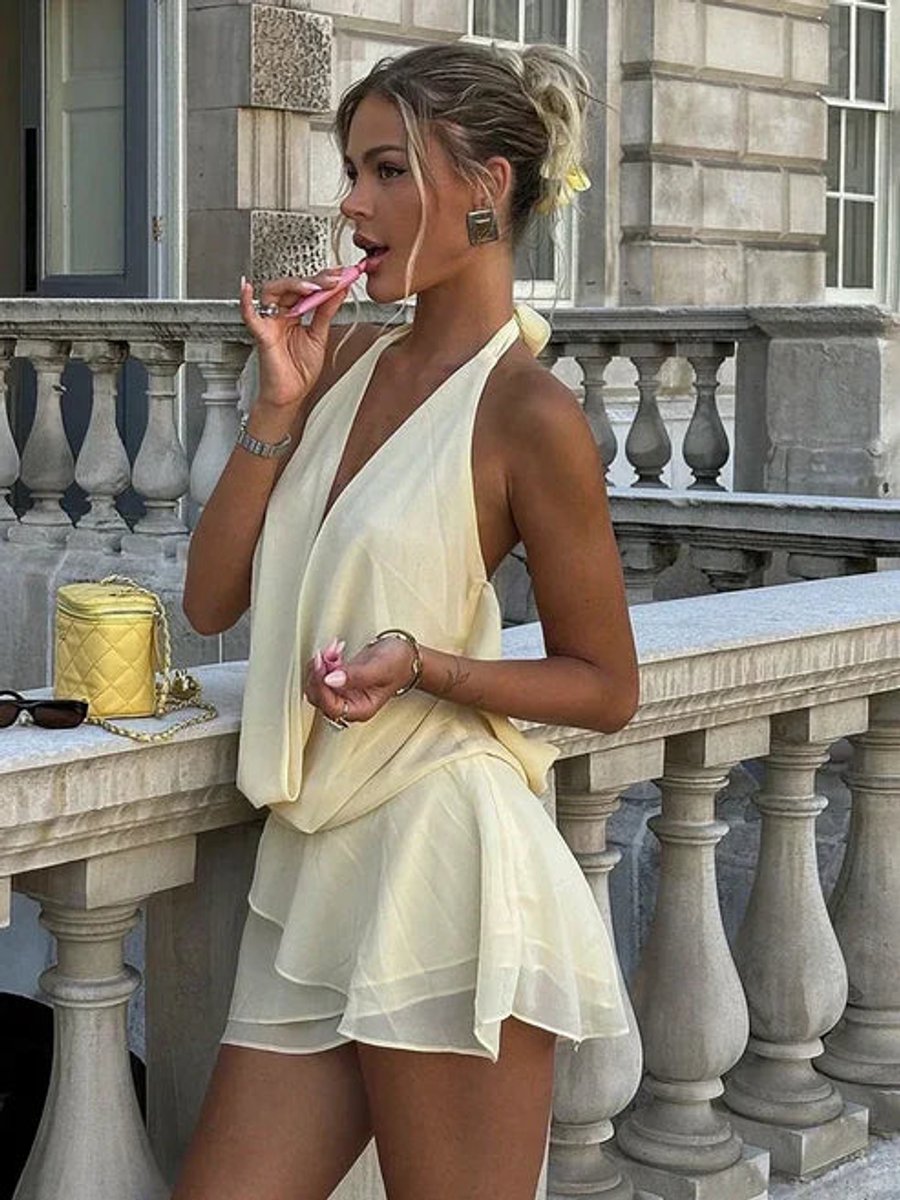 Women's Deep V-Neck Draped Halter Fall Wedding Guest Dress Mini