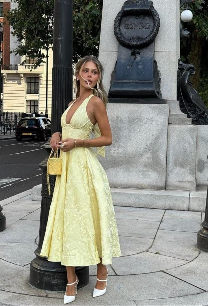 Women's Deep V-Neck Embroidered Sleeveless Midi Formal Dress