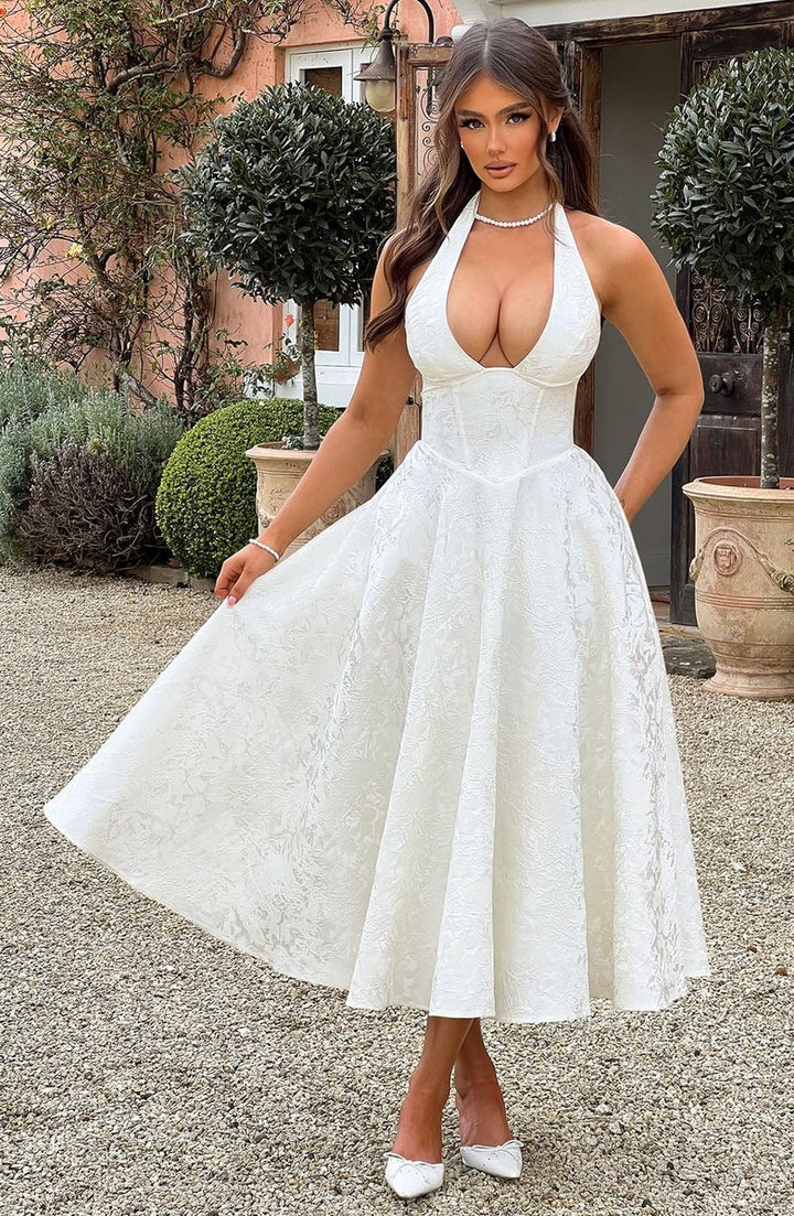 Women's Deep V-Neck Embroidered Sleeveless Midi Formal Dress
