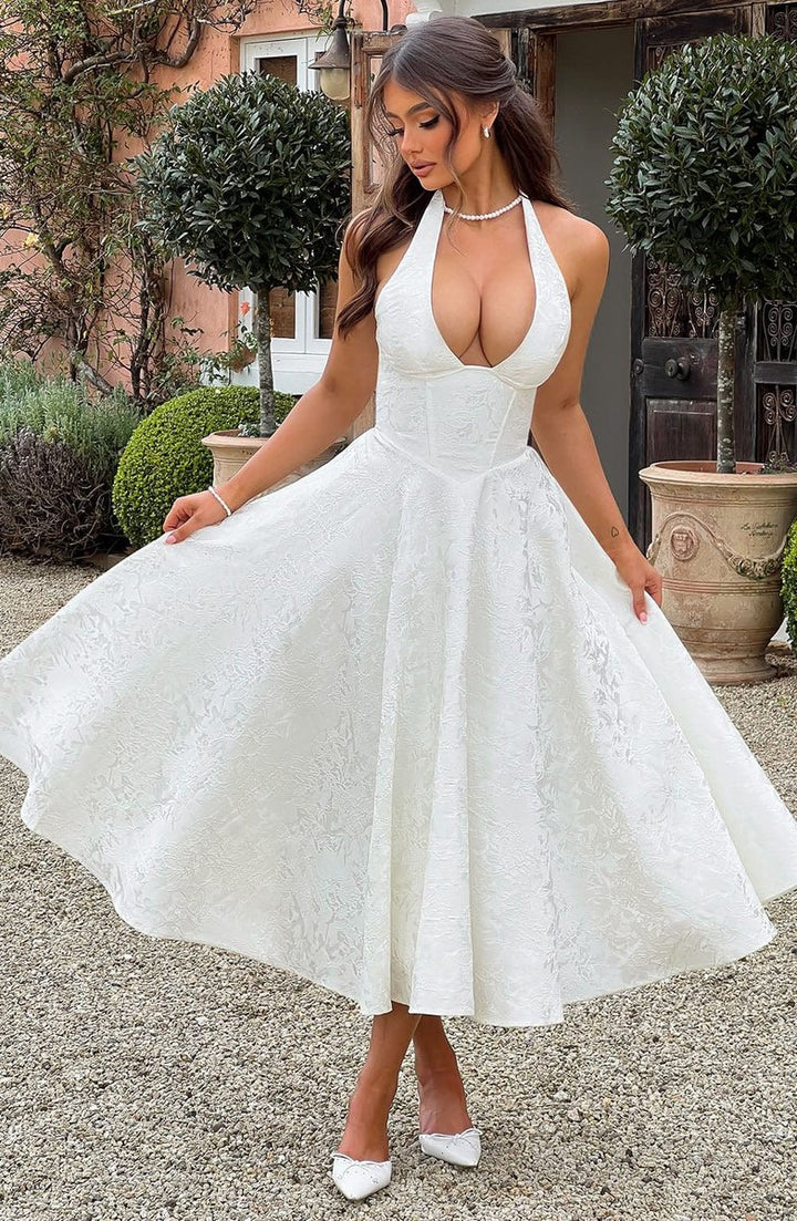 Women's Deep V-Neck Embroidered Sleeveless Midi Formal Dress