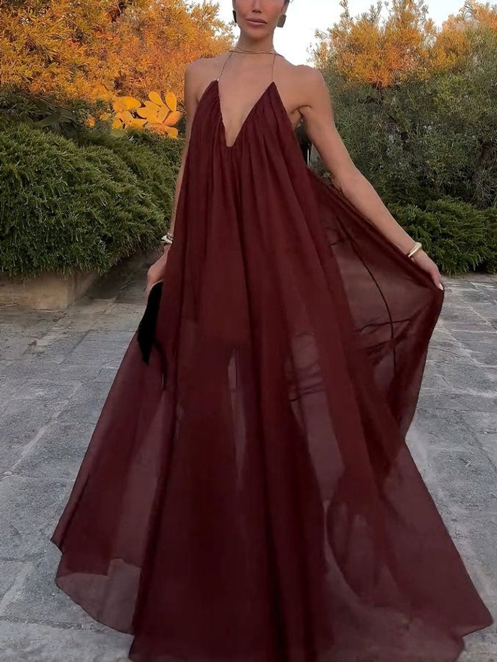 Women's Deep V-Neck Flowy Chiffon Fall Wedding Guest Dress Halter Maxi