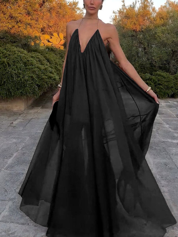 Women's Deep V-Neck Flowy Chiffon Fall Wedding Guest Dress Halter Maxi