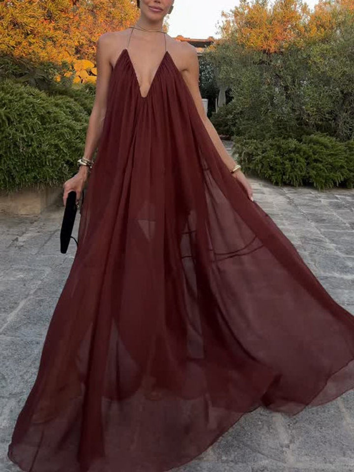 Women's Deep V-Neck Flowy Chiffon Fall Wedding Guest Dress Halter Maxi