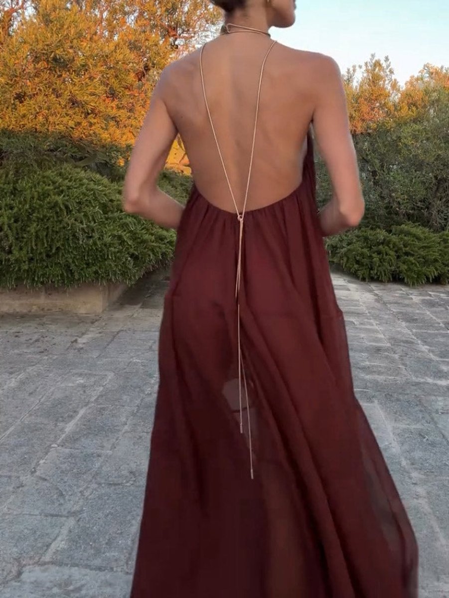 Women's Deep V-Neck Flowy Chiffon Fall Wedding Guest Dress Halter Maxi