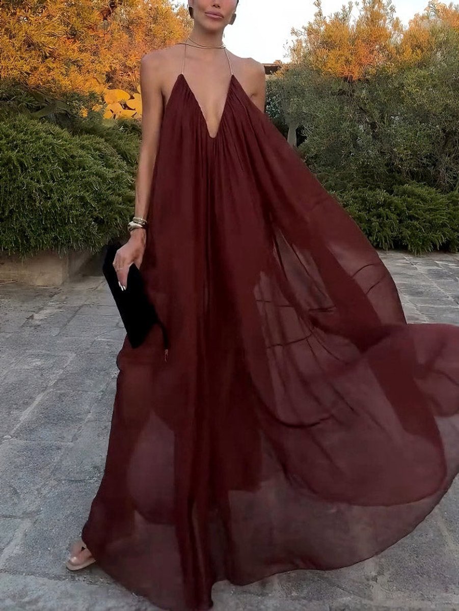 Women's Deep V-Neck Flowy Chiffon Fall Wedding Guest Dress Halter Maxi