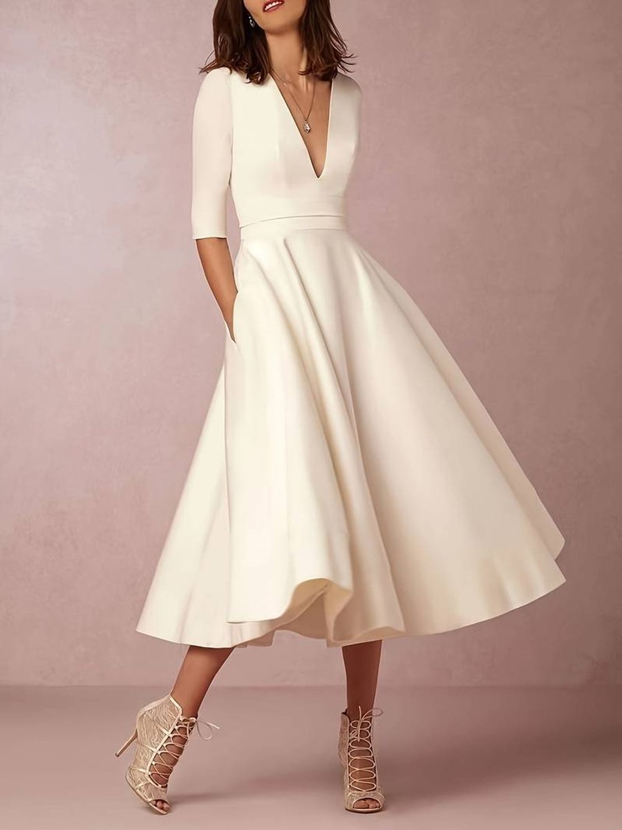 Women's Deep V-Neck Flowy Fall Midi Dress