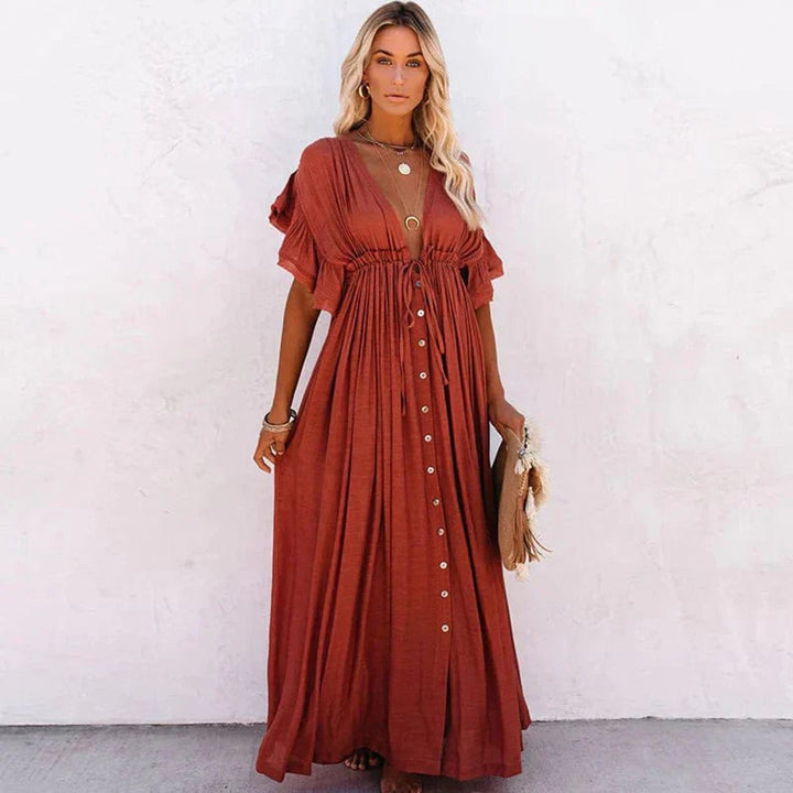 Women's Deep V-Neck Flowy Maxi Formal Dress Ruffle Sleeve