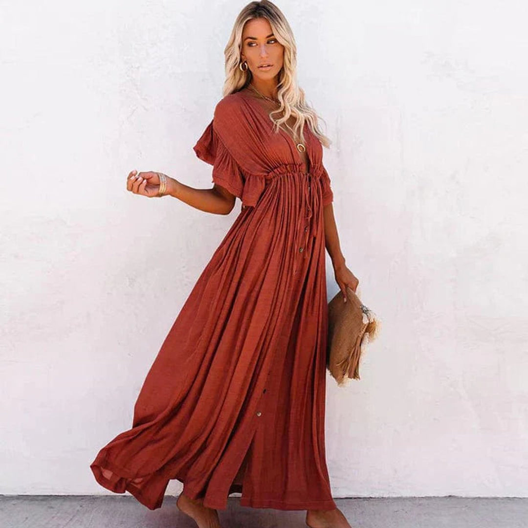 Women's Deep V-Neck Flowy Maxi Formal Dress Ruffle Sleeve