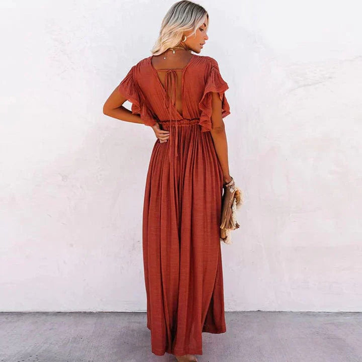 Women's Deep V-Neck Flowy Maxi Formal Dress Ruffle Sleeve