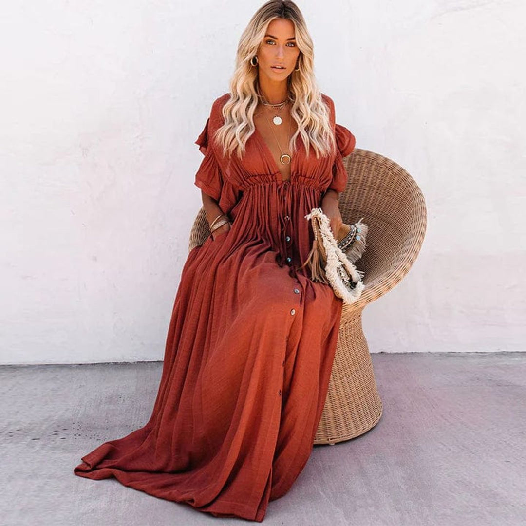 Women's Deep V-Neck Flowy Maxi Formal Dress Ruffle Sleeve