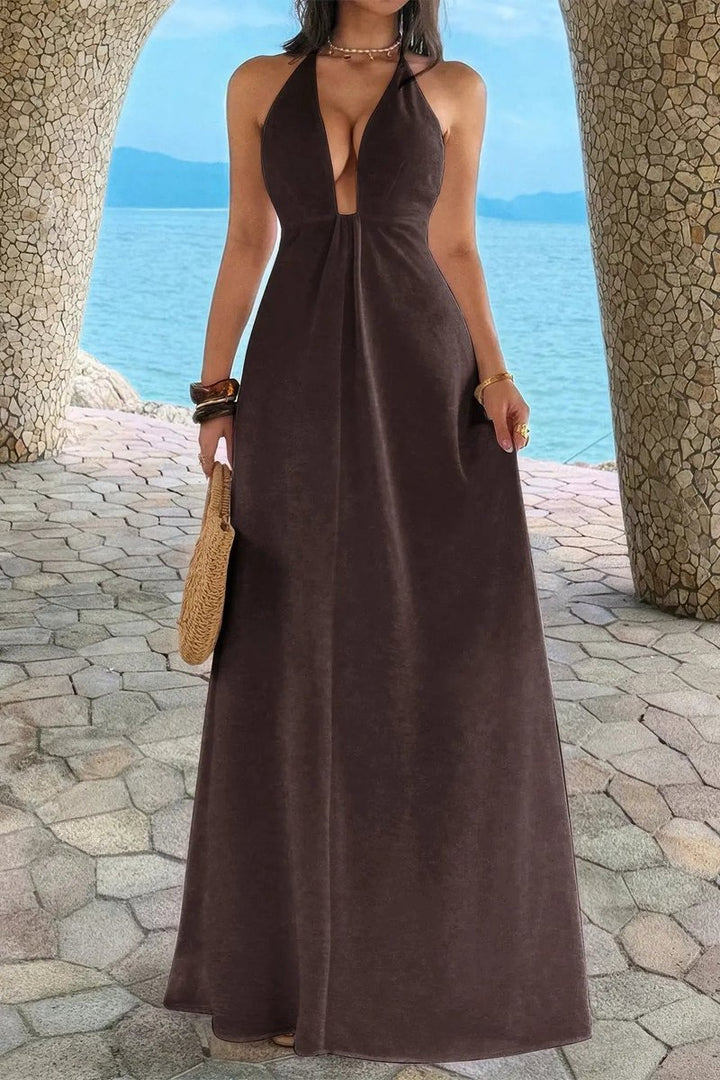 Women's Deep V-Neck Halter A-Line Fall Wedding Guest Dress Maxi